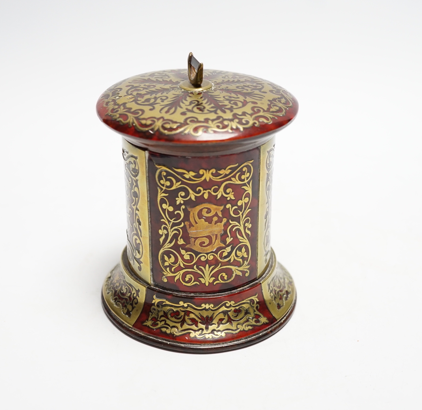 A 19th century French Boulle work cylindrical string box and cover, 12cm high